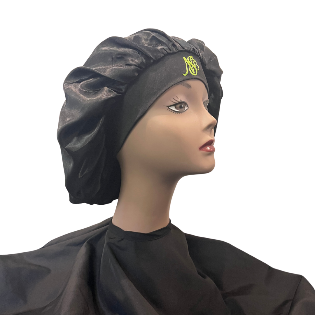 Nia Sade' Monogram Satin Bonnet Black